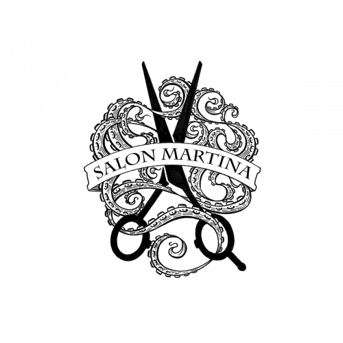 Salon Martina Logo rund weiß Schere Krake